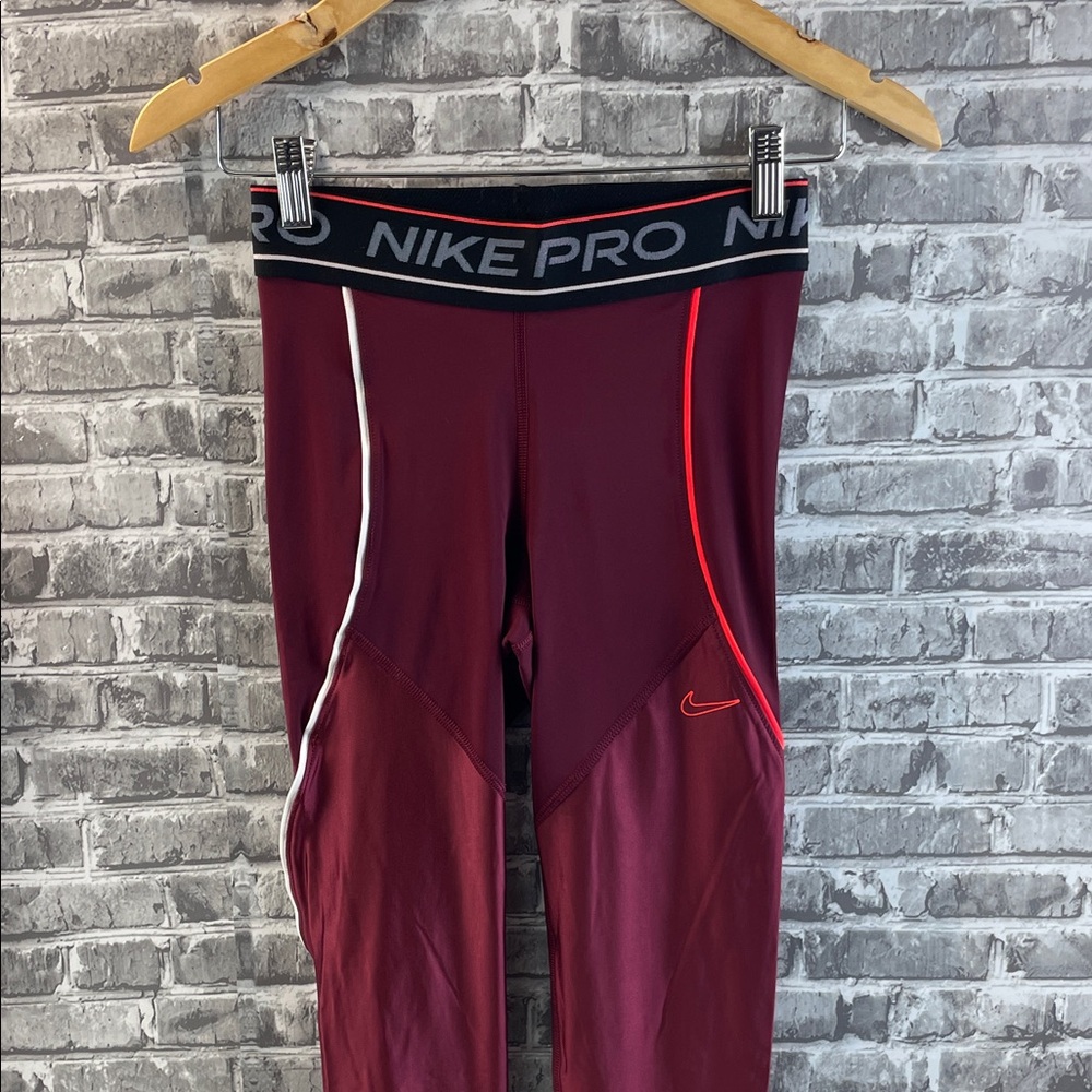 Nike Pro Burgundy Leggings with Red and White Accents